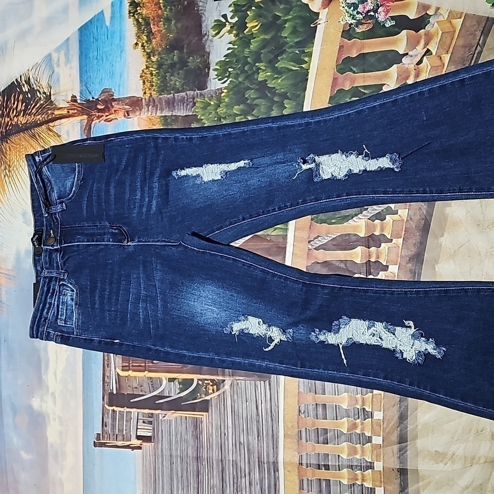Nina‎ Rossi Distressed High Rise Flare Jeans Size 11 NWT
